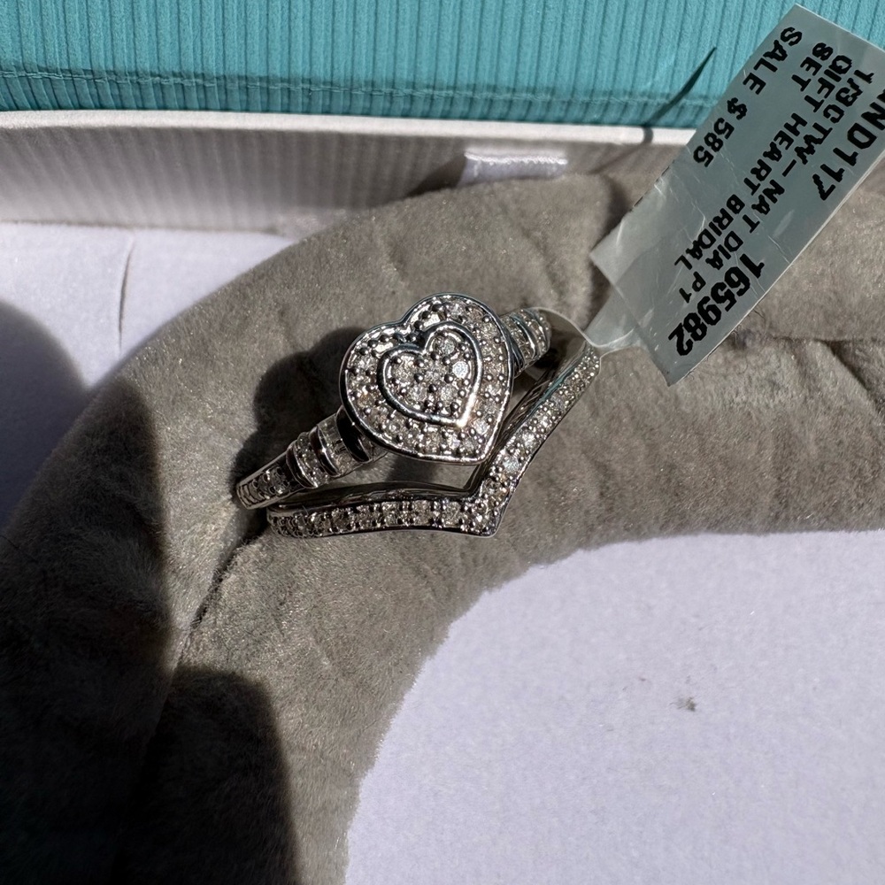 925 Sterling Silver Real Diamond Heart Bridal Ring Set 1/3 CTW Size 7 Wedding